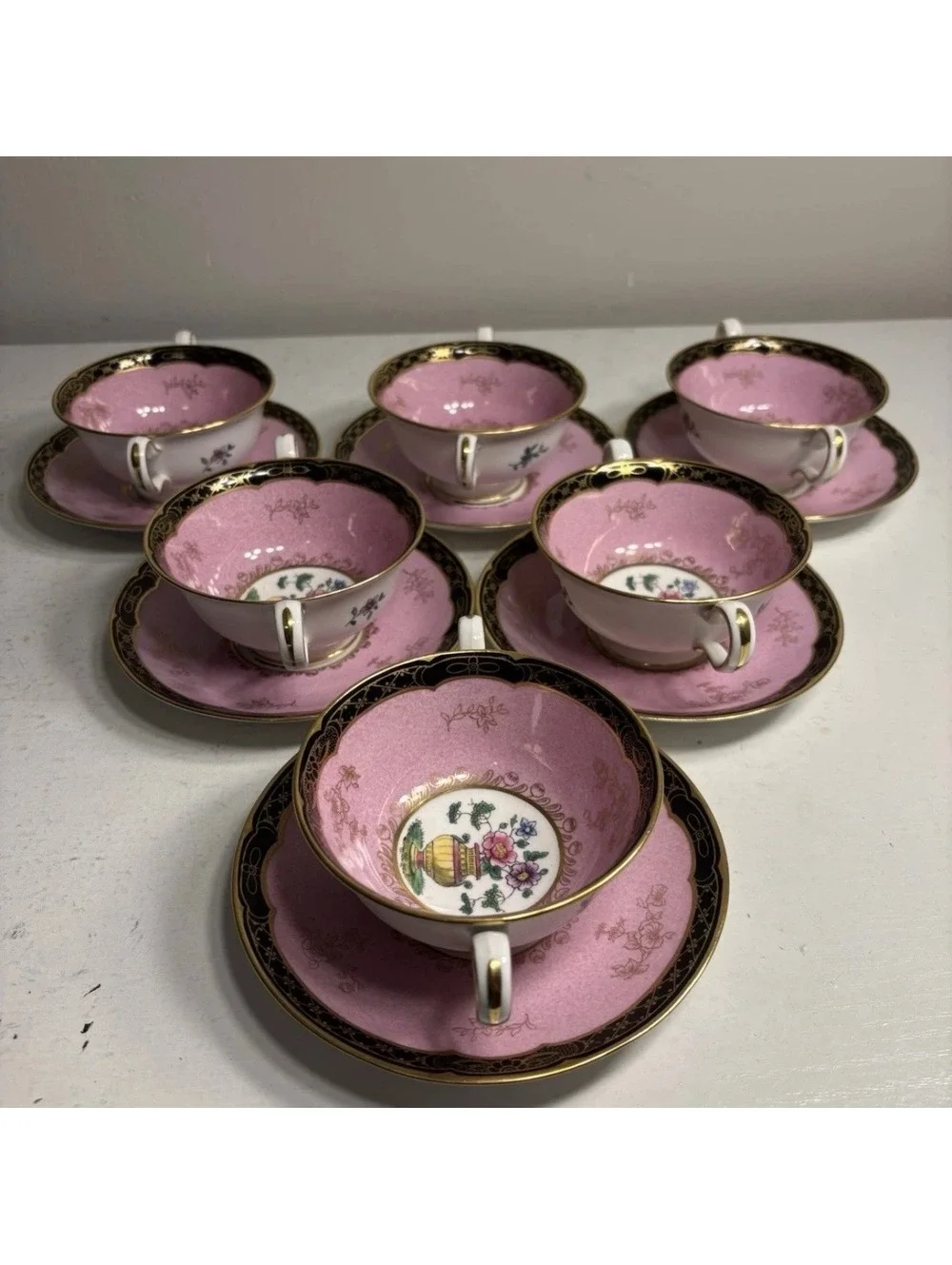 Copeland Spode Bone China Pink Gold Trim Cream Soup Bowl & Saucer set of 6